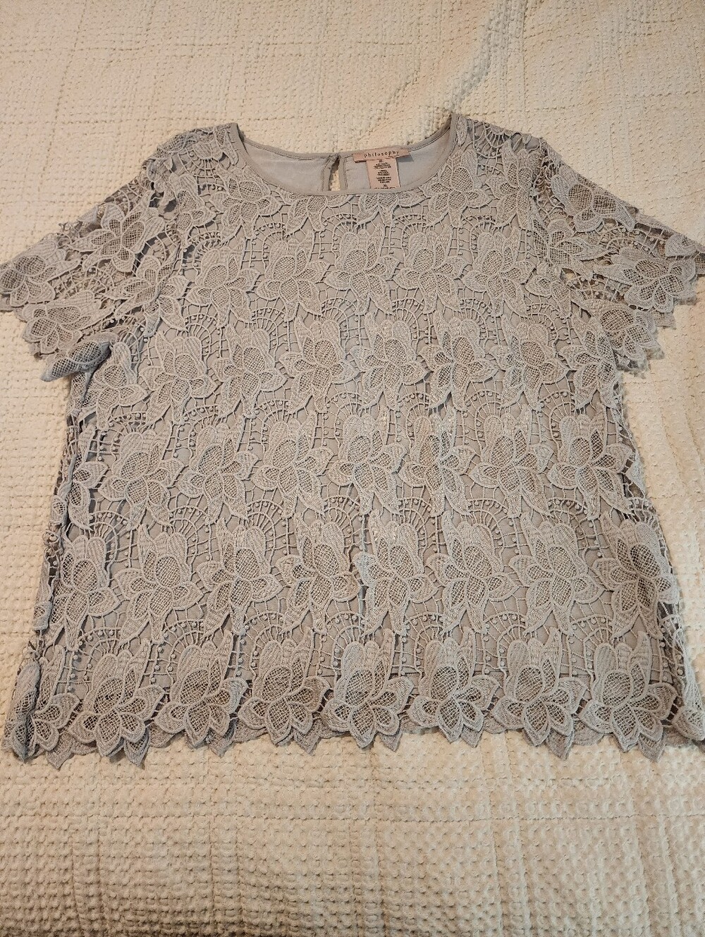 Philosophy Ecru Taupe Floral Lace Short-Sleeve Top Lined XL Feminine Romantic